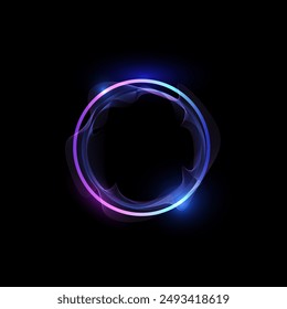 Neon gradient line circle frame with wavy motion blur effect. Glowing round border colorful futuristic vector UI element. Energy tunnel. Luminous magic portal. Vibrant bright ring disc with glitter