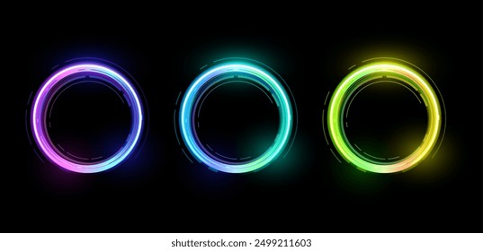 Marco de círculo de línea degradada de neón. Conjunto de Vector de borde redondo colorido brillante. Agujero brillante vibrante, efecto de luz de anillo con brillo brillante. Túnel de energía, portal mágico. Disco de metal luminoso