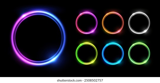 Neon gradient line circle frame. Glowing round border colorful futuristic UI element vector set. Vibrant bright hole, two ring light effect with shiny glitter. Luminous metal disc, magic portal