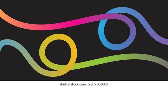 Neon Gradient Loop Lines on Vibrant Colorful Flowing Wave Lines on Isolated Black Backdrop.