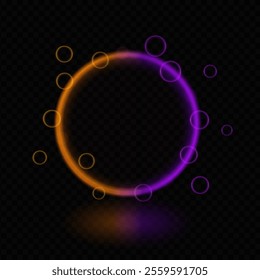 Neon gradient magic circle. Glowing multicolor ring, futuristic light effects, beam, reflection, bubbles, sci-fi energy, luminescent halo, technology frame, vibrant glow, digital interface