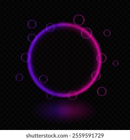 Neon gradient magic circle. Glowing multicolor ring, futuristic light effects, beam, reflection, bubbles, sci-fi energy, luminescent halo, technology frame, vibrant glow, digital interface