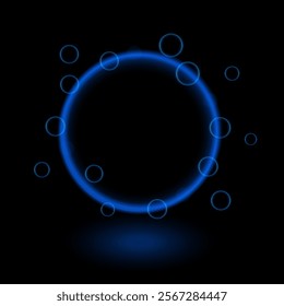 Neon gradient magic circle. Glowing multicolor ring, futuristic light effects, beam, reflection, bubbles, sci-fi energy, luminescent halo, technology frame, vibrant glow