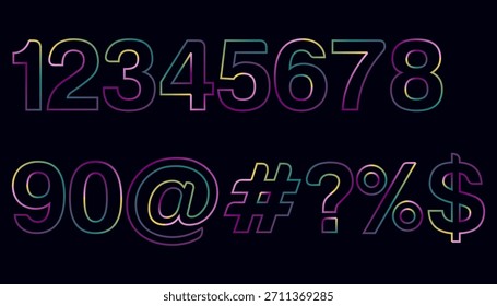 Neon-Farbverlauf-Zahlen und Symbole setzen modernes Design auf schwarzem Hintergrund