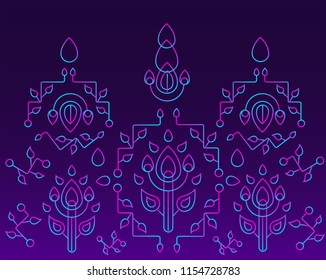 Neon gradient ornament, violet background, pink and blue shapes, floral and leaf motifs