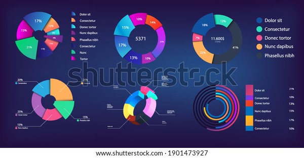 Neon gradient pie chart, infographic\
collection for reports and presentations, UI, WEB. Mockups circle\
infochart and Pie charts. 3D, and flat infographics. Modern Pie\
chart set. Vector\
illustration