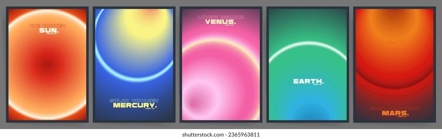 Neon Gradient Posters Backgrounds from Sun to Mars. Cyberpunk and Brutalist Styles in Dark Space Aesthetics. Futuristic Vector Templates Set for Magazines, Books, and Event Banners with Circular Glow.