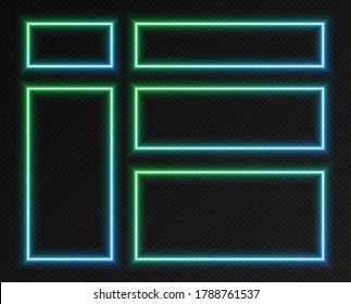 Neon gradient rectangular frames set, collection of green-blue glowing borders isolated on a dark background. Colorful night banners, bright illuminated shapes, cyberpunk style vector light effect.