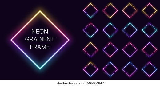 Neon gradient rhomb Frame with copy space. Templates set of Neon gradient rhombus Border. Expressive, creative and futuristic graphic element, geometric shape for bright design. Fully Vector