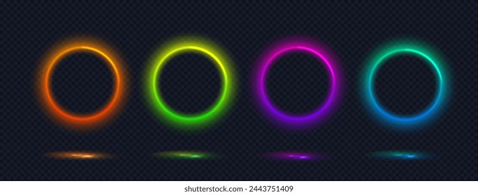 Colección de anillos con gradiente de neón. Marco de iluminación abstracto aislado. Borde de círculo de color vibrante en estilo futurista. Iluminación de neón brillante aislada sobre fondo oscuro