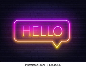 Signo de degradado neón de adiós de palabra en marco de burbuja de voz sobre fondo oscuro. Banner claro en el fondo de la pared.