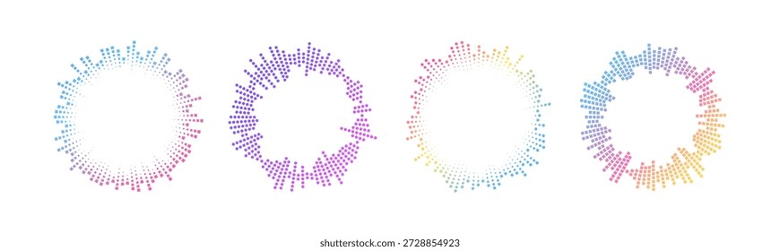 Neon gradient sound wave dots forming circular audio pattern with glowing radial lines. Abstract music equalizer icon with concentric rings and dynamic sound frequency visualization.