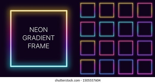 Neon gradient square Frame with copy space. Templates set of Neon gradient quadrate Border. Expressive, creative and futuristic graphic element, geometric shape for bright design. Fully Vector