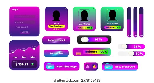 Neon gradient UI elements set including login form, profile cards, progress bars, buttons, and financial statistics. Modern futuristic app interface design template