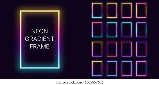 Neon gradient vertical rectangle Frame with copy space. Templates set of Neon gradient rectangular Border. Expressive, creative and futuristic graphic element, geometric shape. Fully Vector