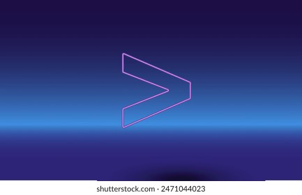 Neon greater symbol on a gradient blue background. The isolated symbol is located in the bottom center. Gradient blue with light blue skyline