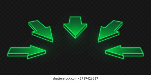 Conjunto de flechas 3d verde neón aisladas sobre fondo transparente. Vector ilustración realista de signos del cursor del mouse de la computadora, punteros de color para software o diseño de interfaz de usuario de juego, Botón de Hacer clic