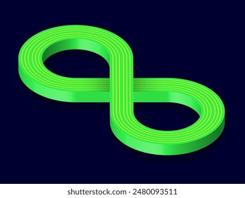 Neon green 3D Infinity Symbol on Dark Blue  Background. Endless Vector Logo Design. Concept of infinity with shadow for your web site design, logo, app, UI. EPS10.