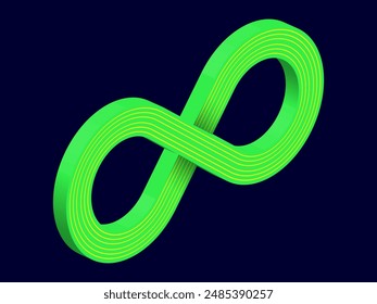 Neongrünes 3D Infinity-Symbol auf dunkelblauem Hintergrund. Endloses Vektorgrafik Logo Design. Unendlichkeitskonzept mit Schatten für Ihr Website-Design, Logo, App, UI. EPS10.