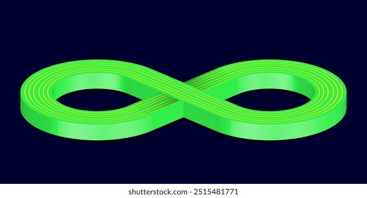 Neon green 3D Infinity Symbol on Dark Blue  Background. Endless Vector Logo Design. Concept of infinity with shadow for your web site design, logo, app, UI. EPS10.