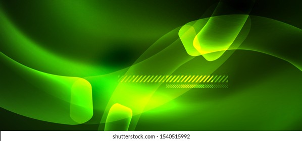 Neon-grüner abstrakter Wellenhintergrund. Leuchtende Lichter in hellen Farben mit Designelementen. Futuristische oder technologische Vorlagengrafik, High-Tech-Konzept
