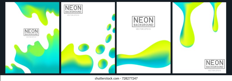 Neon green acid liquid color splash cover vector set. Futuristic fluid paint template. Abstract neon background on black.