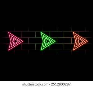 Neon green arrow icon. neon light right arrows. shining direction arrows. Glowing neon arrow sign on black background. Location indicator for casino, bar, cinema, night club..