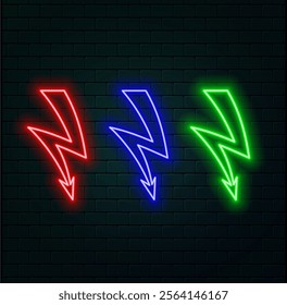 Neon green arrow icon. neon light right arrows. glowing direction arrows. Glowing neon arrow sign on black background. Location indicator for casino, bar, cinema, nightclub.