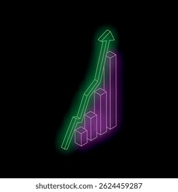 Neon green arrow showing increasing trend over growing purple bars, representing positive financial growth and business success
