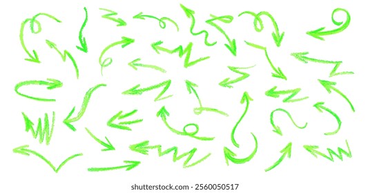 Neon green arrows set. Wax crayon drawing grafitti elements in acid green color. Collection of vector charcoal outline symbols of direction indicators. Graffiti lightning icons Children drawing style