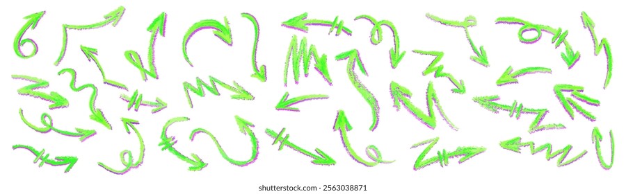 Neon green arrows set. Wax crayon drawing grafitti elements in with pink shadow. Collection of vector charcoal outline symbols of direction indicators. Graffiti lightning icons Children drawing style