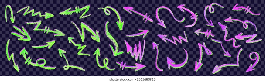 Neon green arrows set. Wax crayon drawing grafitti elements in acid pink color. Collection of vector charcoal outline symbols of direction indicators. Graffiti lightning icons Children drawing style.