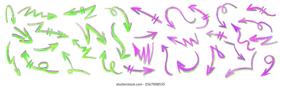 Neon green arrows set. Wax crayon drawing grafitti elements in acid pink color. Collection of vector charcoal outline symbols of direction indicators. Graffiti lightning icons Children drawing style.