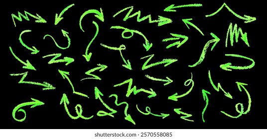 Neon green arrows set. Wax crayon drawing grafitti elements in acid green color. Collection of vector charcoal outline symbols of direction indicators. Graffiti lightning icons Children drawing style