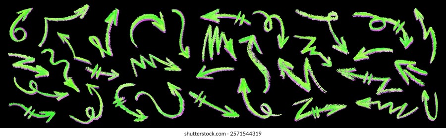 Neon green arrows set. Wax crayon drawing grafitti elements in with pink shadow. Collection of vector charcoal outline symbols of direction indicators. Graffiti lightning icons Children drawing style