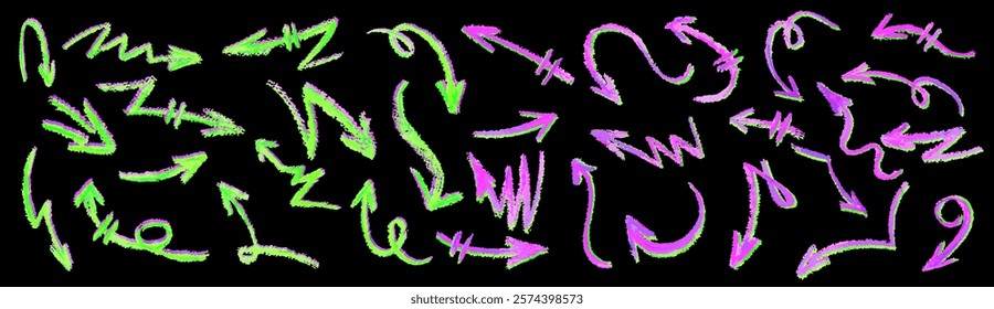 Neon green arrows set. Wax crayon drawing grafitti elements in acid pink color. Collection of vector charcoal outline symbols of direction indicators. Graffiti lightning icons Children drawing style.