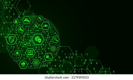 Marco de fondo verde neón con seguridad de la información, iconos técnicos, símbolos. Diseño de hexágonos, esferas, unos, ceros. Sistema binario. Matriz digital, red. Industria de afiches, negocios, ciencia.