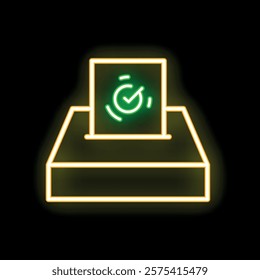 Neon green ballot box with ballot paper being inserted for voting on black background