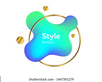 Neon green and blue modern liquid element with sample text. Dynamic colored form. Gradient abstract banner with flowing shape and circle frame. Template for logo, flyer, presentation design. Vector