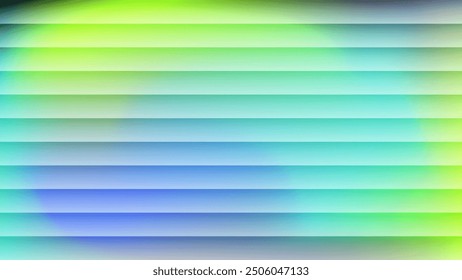 Neon green blue reeded glass 3D background. Glassmorphism colorful transparent ribbed glass, horizontal stripes texture.