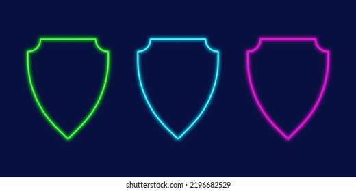 Neon green, blue and violet shields vector illustrations.