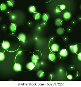 Neon green bokeh effect seamless pattern. Dark background with Glowing sparkling circles and rings in green colors. 