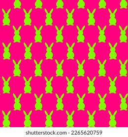 Neon green bunny silhouettes on pink background. Vector flat illustration. Holiday banner, flyer or greeting voucher, brochure design template layout. Vector illustration.