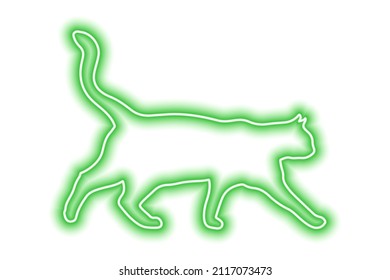 Neon green cat isolated on white. The cat walks with its tail raised high. Vector illustration