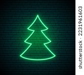 Neon green Christmas Tree shape on brick wall background. Symbol of new year and christmas. Bright shiny design. 