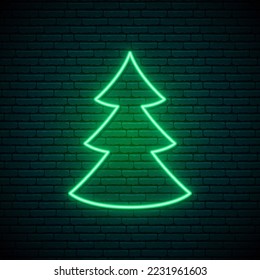 Neon green Christmas Tree shape on brick wall background. Symbol of new year and christmas. Bright shiny design. 