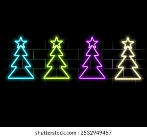 Neon green Christmas Tree shape on brick wall background. Symbol of new year and christmas. Bright shiny design..green.