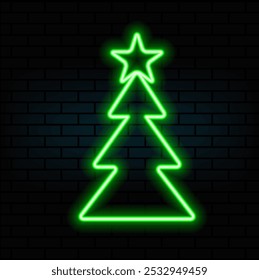 Neongrün Weihnachtsbaum Form auf Backsteinwand Hintergrund. Symbol des neuen Jahres und der Weihnachtszeit. Helles, glänzendes Design... grüne Farbe.