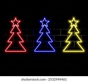 Neon green Christmas Tree shape on brick wall background. Symbol of new year and christmas. Bright shiny design..