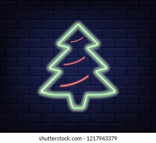 Neon green Christmas tree. Vector logo. Element on isolated background.